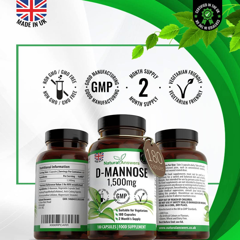 D-Mannose 180 Capsules - Max Strength 1500mg per Serving - Precision DMannose - Vegetarian Capsules not Tablets or Pills, Made in The UK (180 Count (Pack of 1)) 1 count (Pack of 1)