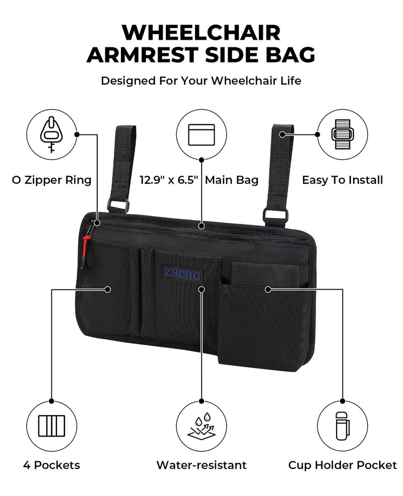 [Australia] - Wheelchair Side Bag with Cup Holder, Wheelchair Armrest Pouch Accessories for Walker, Rollator, Electric Scooter Wheelchairs, Ideal Gift for Mother's Day & Father's Day Black 