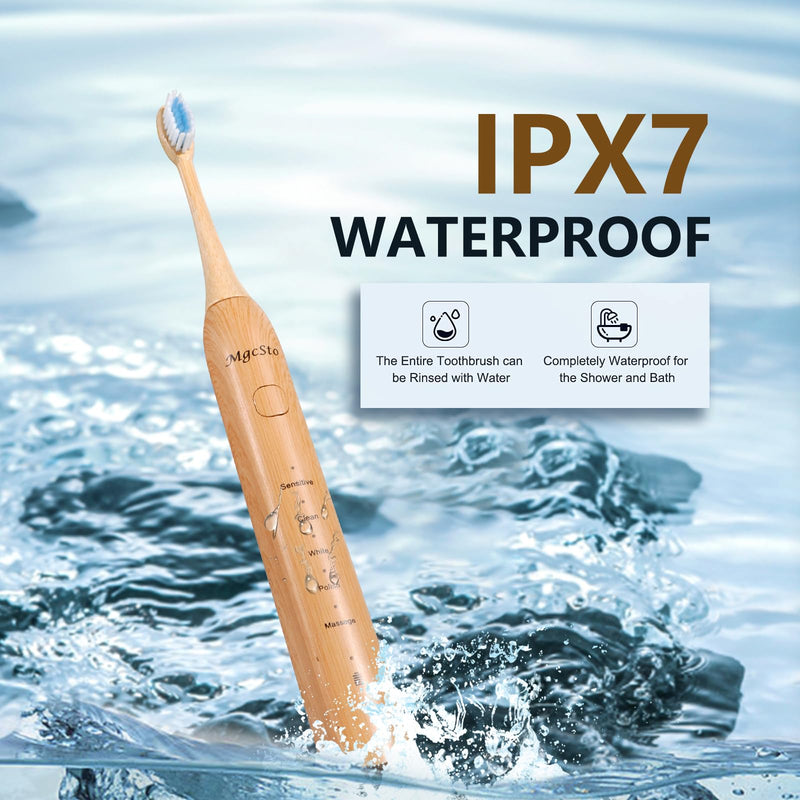[Australia] - Sonic Electric Bamboo Toothbrush for Adults -5 Adjustable Cleaning Modes -Includes 2 Bamboo Heads with Castor Oil Bristles - Upgraded IPX7 Waterprood -Convenient Charging & Travel Case 