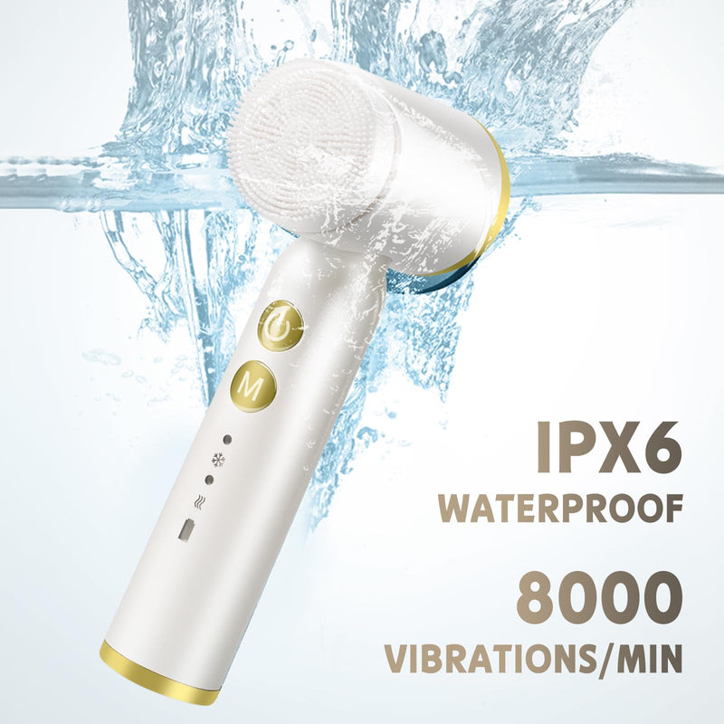 [Australia] - Landmore Facial Cleansing Brush, 8 in 1 Spin Face Wash Brush Rechargable Waterproof Face Scrubber with 6 Brush Heads, 3 Speeds for Deep Cleansing, Exfoliator, Thermal & Cold Massager Skin Care, White 