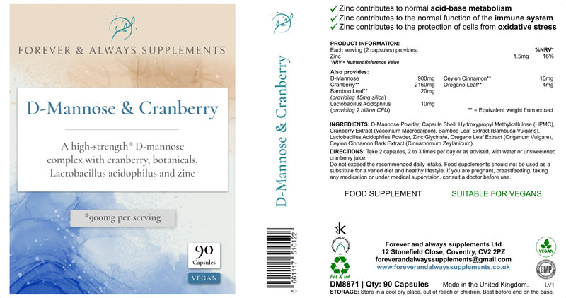 D-Mannose with Cranberry, botanicals & Lactobacillus Acidophilus, Urinary Tract (UTI), Bladder Support & Gut Health Complex - High Strength Vegan, Forever & Always Supplements