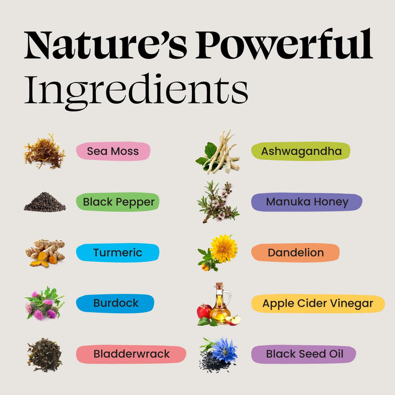 [Australia] - Sea Moss Gummies, Sea Moss 3000mg, Black Seed 2000mg, Ashwagandha 1000mg, Turmeric, Manuka Honey, ACV, Dandelion, Black Pepper, Burdock, Bladderwrack, Vegan, 90 gummies 