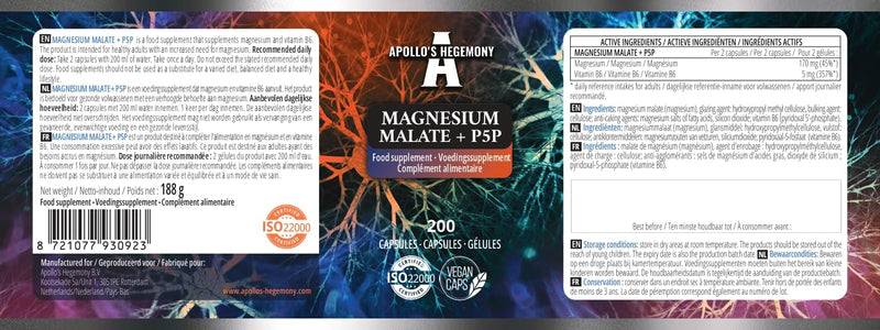 Magnesium Malate 1400 mg per Portion + Vitamin B6 (P-5-P) - 200 Vegan Capsules - 3 Month Supply - Magnesium Malate + Pyridoxal-5-Phosphate - Support Muscle and Bone Health - by Apollo's Hegemony