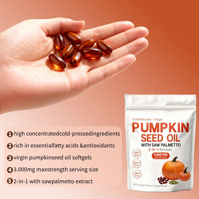 Pumpkin Seed Oil Softgels - Pumpkin Seed Oil Capsules | Portable | Cold Pressed | Gluten Free | Non-GMO - 60 pc / 1 Mini Bag