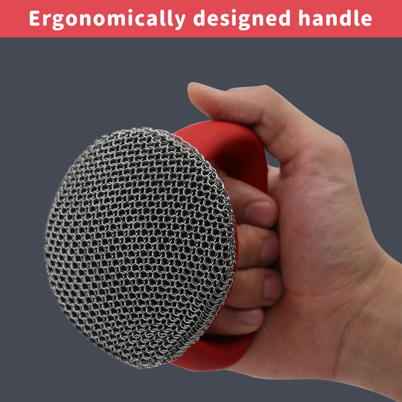 [Australia] - Cast Iron Scrubber, Cast Iron Skillet Cleaner+2 Pan Grill Scrapers Chain Mail to Clean Cast Iron Chain Mail Scrubber Cast Iron Chainmail Scrubber for Cast Iron Skillet (Red) Red 