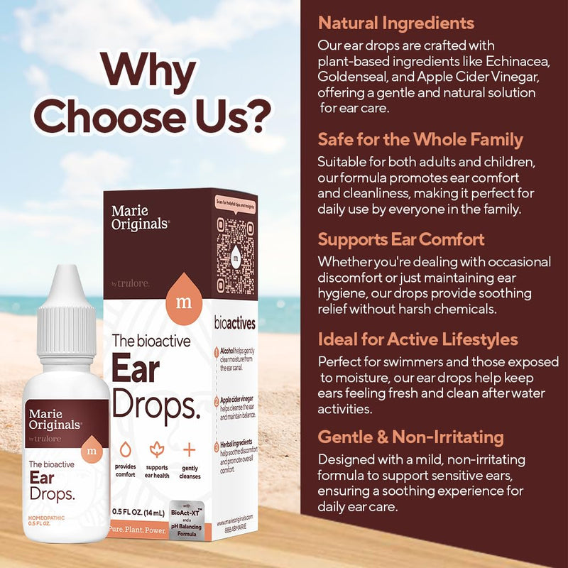 [Australia] - Marie Originals Ear Drops for Clogged Ears, Dry Itchy Ears & Ear Hygiene for Adults & Kids | Natural Plant-Based Ingredients Perfect for Summer use, Swimmers & Everyday Care | 0.5 FL Oz - 14mL 