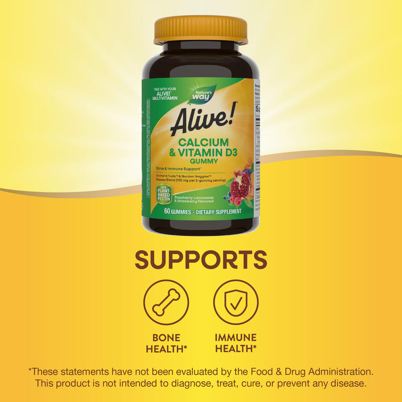 [Australia] - Nature's Way Alive! Daily Calcium & Vitamin D3 Gummies, Bone Support*, Immune Support*, Strawberry and Raspberry- Lemonade Flavored, 60 Gummies (Packaging May Vary) 