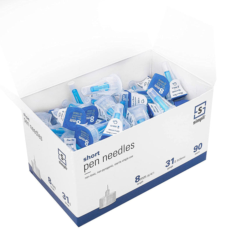 [Australia] - SIMPLI Insulin Pen Needles for at-Home Insulin Injections, Compatible with Most Diabetes Pens and Injection Devices, Size: Short 8mm (5/16”) x 31G, 90 Count 