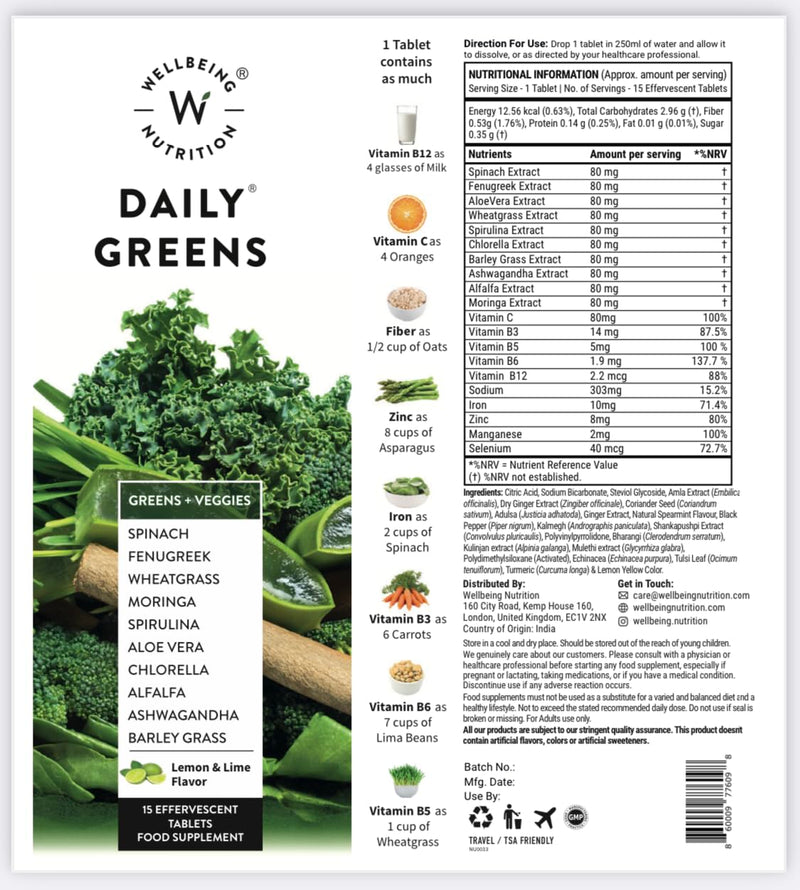 Wellbeing Nutrition Daily Greens | Wholefood Multivitamins with Vitamin C, Zinc, B6 for Immunity & Detox with Organic Certified Plant Superfoods & Antioxidants (2x15 Effervescent Tablets) 15 count (Pack of 2)