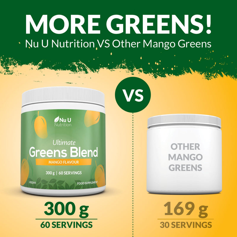 Nu U Nutrition - Super Greens Blend Mango Powder 300g - 17 Active Superfood Ingredients - 60 Servings - Vitamin & Mineral Rich Supplement - 100% Vegan, No Additives