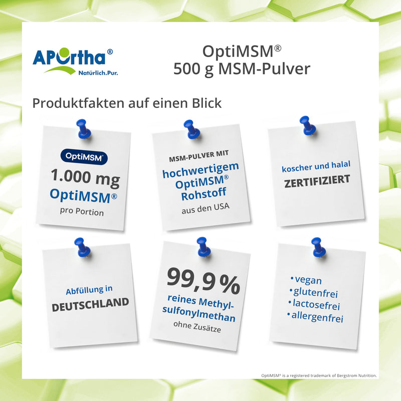 [Australia] - APOrtha® OptiMSM® MSM powder, 500g vegan powder, 99.9% pure methylsulfonylmethane without any additives, 1,000 mg OptiMSM® MSM per serving, vegan, gluten-free, lactose-free, allergen-free 