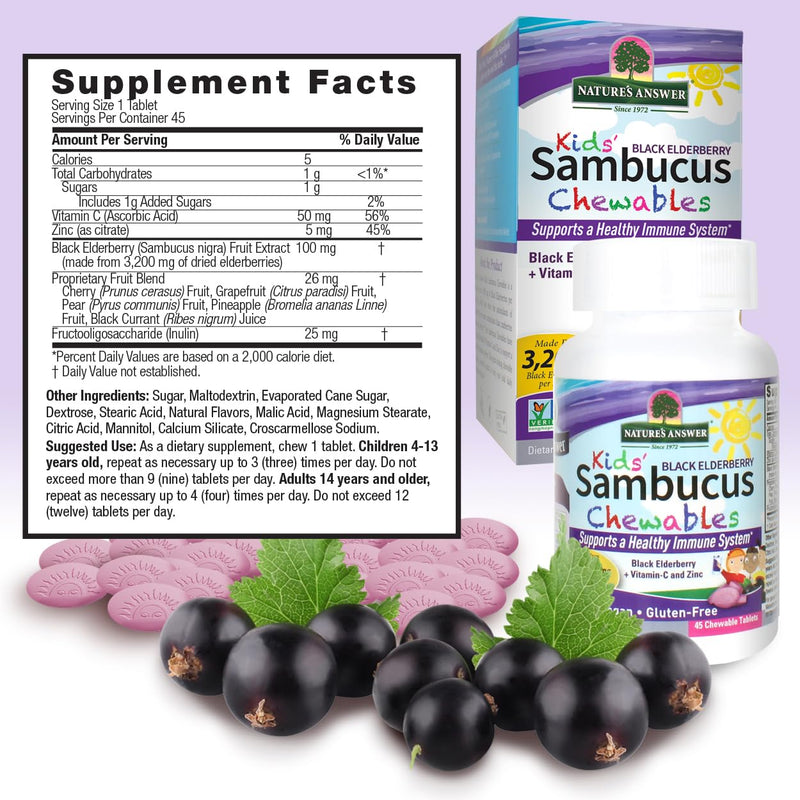 Nature's Answer Kids Sambucus Chewables 3200 mg, 45 Tablets - Black Elderberry with Vitamin C and Zinc - Great Tasting Immune System Support - Vegan, Gluten Free | Black Elderberry with Vitamin C and Zinc, Great Tasting Immune System Support, Vegan, Gl...