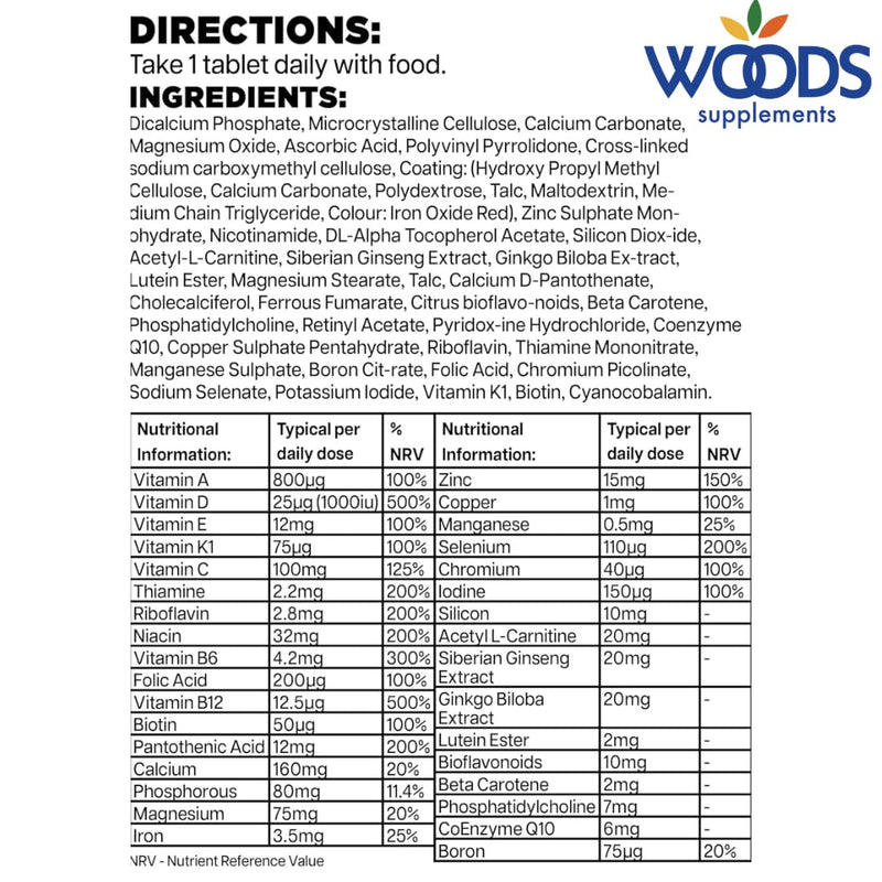 Woods Supplements - Multi Vitamin Tablets for Men & Women (180x). Combination of Multivitamins & Essential Minerals. Supply of Vitamin A, C, D & E. Immune System Booster Adult Multivitamin Over 70s 180