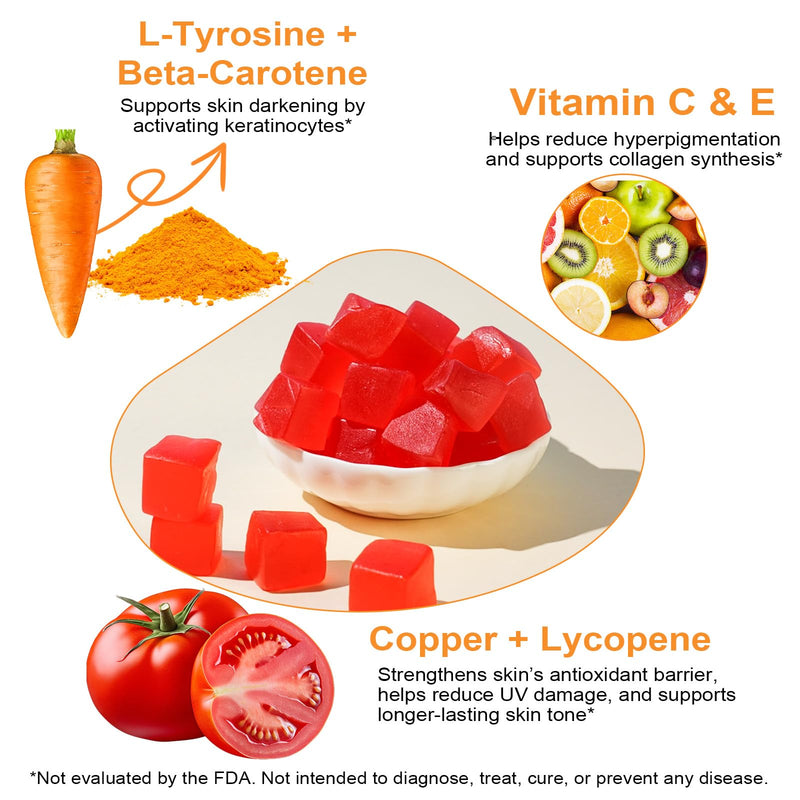 [Australia] - Daily Tanning Gummies - Enhance Natural Tan, Nourish & Protect Skin - with L-Tyrosine & Beta-Carotene - Sun-Free Glow - Watermelon Flavor, 60 Count 