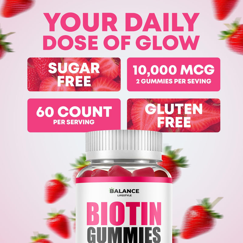 Biotin Gummies 10,000mcg, 60 Vegan Gummies with 7 Essential Vitamins for Hair, Skin & Nails Support, Strawberry Flavour Biotin Supplement Non-GMO, Gluten-Free (Strawberry)