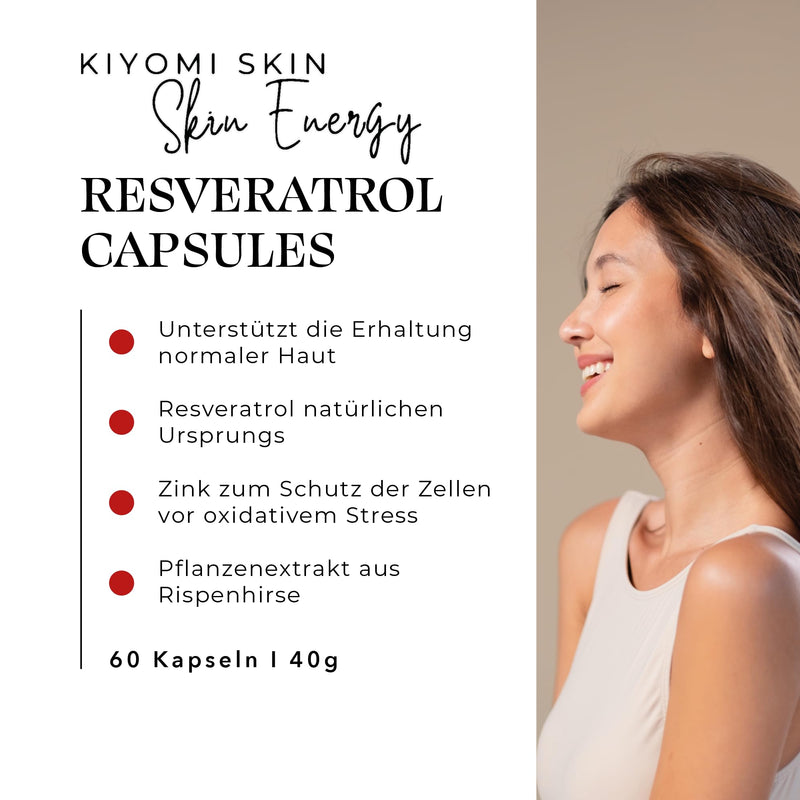 [Australia] - KIYOMI SKIN Energy Resveratrol Capsules - 60 Capsules - Dietary Supplement for All Skin Types, Radiant Complexion, Antioxidant Protection - Vegan, Hypoallergenic, Gluten and Lactose Free 