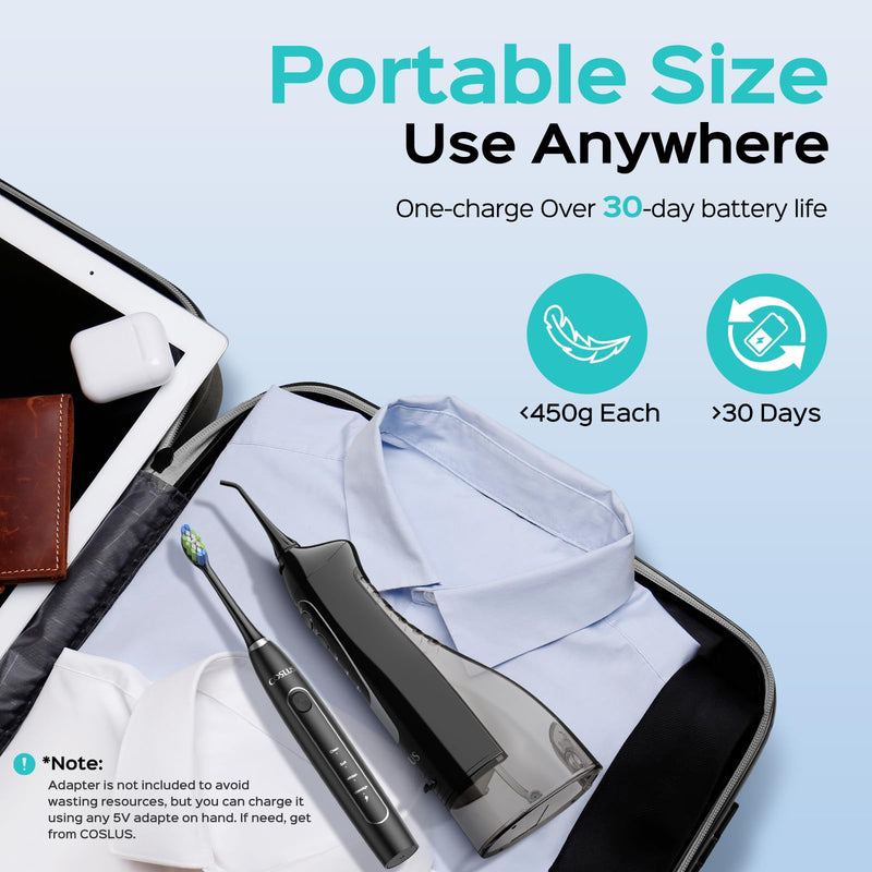 [Australia] - COSLUS Portable Water Flosser with Electric Toothbrush Combo: 2-in-1 Oral Clean Kit for Teeth, Braces, Gums Care - Brushing & Flossing for Adults, Family, Travel Use, BPA-Free, Black, C20 & C41 