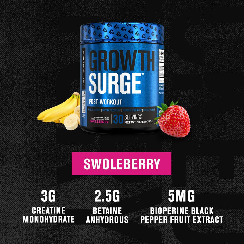 [Australia] - Jacked Factory Growth Surge Creatine Post Workout w/L-Carnitine - Daily Muscle Builder & Recovery Supplement with Creatine Monohydrate, Betaine, L-Carnitine L-Tartrate - 30 Servings, Swoleberry 30 Servings (Pack of 1) 