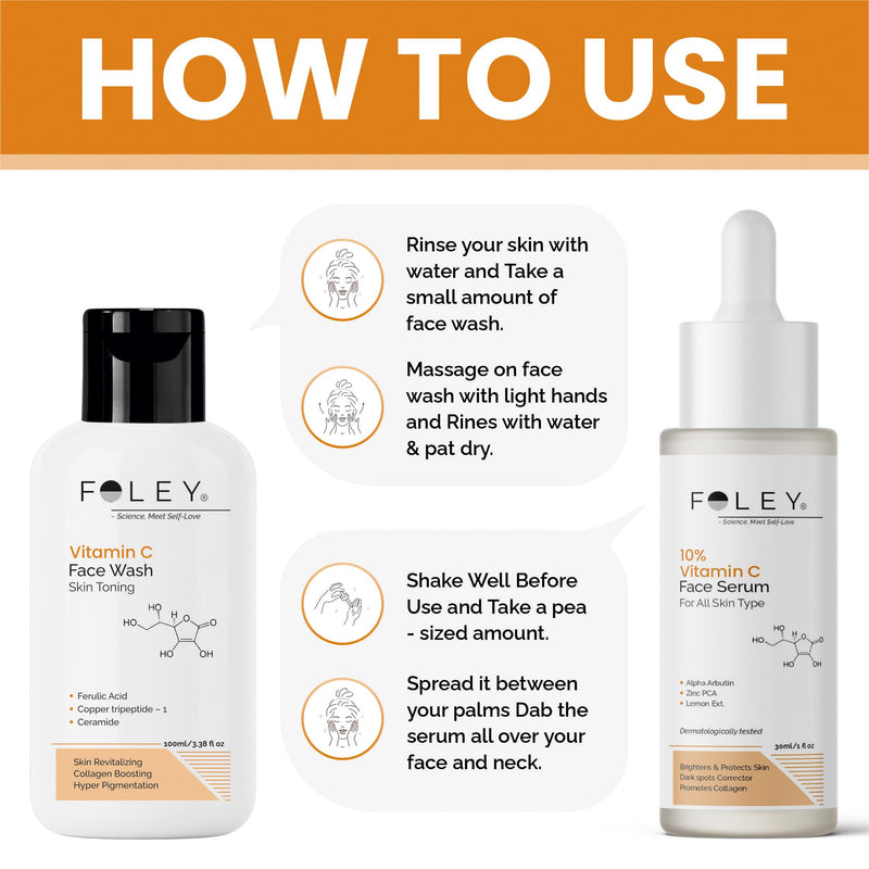FOLEY Skincare Combo – Vitamin C Face Wash (100 ml) & 10% Vitamin C Face Serum (30 ml) – Daily Cleansing & Brightening Routine for All Skin Types
