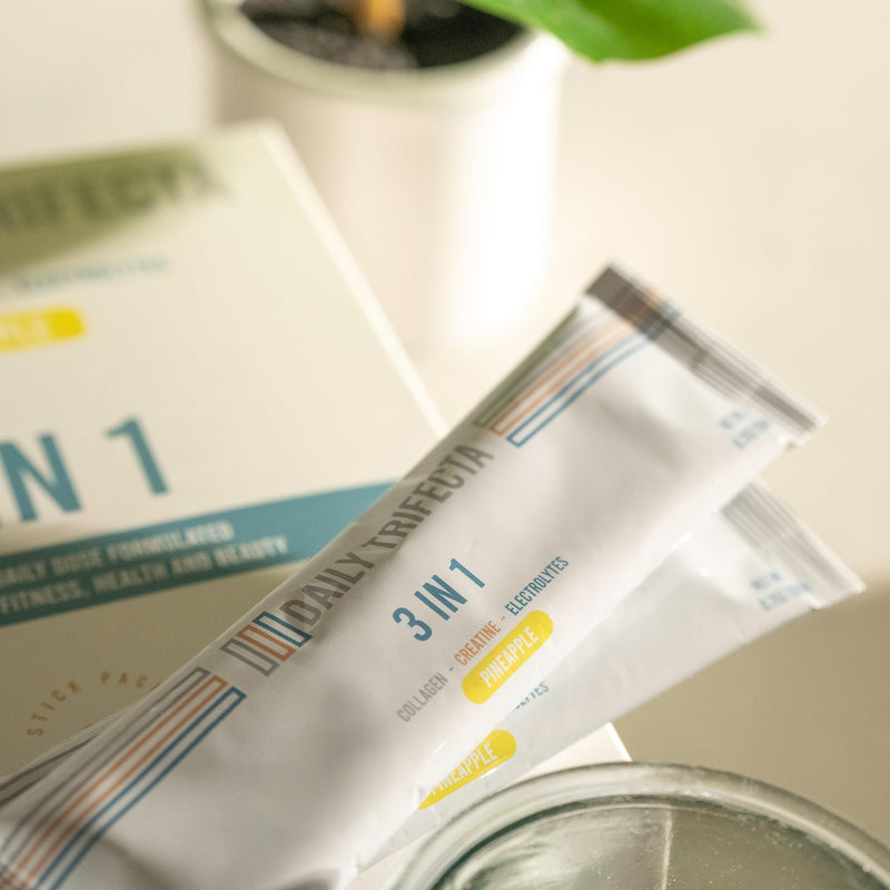 DAILY TRIFECTA 3-in-1 Collagen, Creatine & Electrolyte, Pineapple | Type I Collagen, Creatine Monohydrate, Zero Sugar, 30 Natural Single-Serve Packets, Strength, Hydration & Recovery