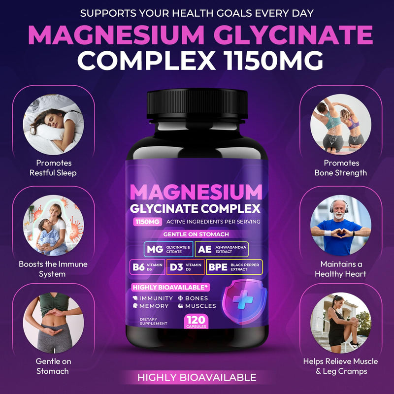 Magnesium Glycinate Complex 1150mg - Gentle on Stomach High Absorption Magnesium Capsules with Citrate, Silica, Ashwagandha & Vitamin B6 for Zzz, Stress Relief, Muscle Support for Adults, Women & Men