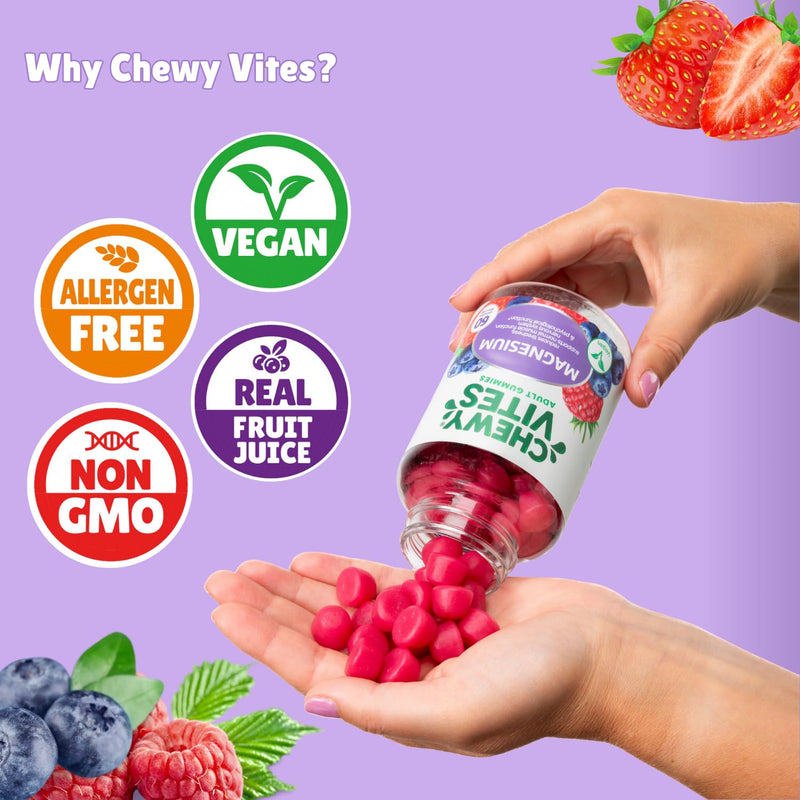 Chewy Vites Adult Gummies Magnesium Citrate 736mg Offering 82.5mg of Elemental Magnesium, 60 Vitamin Gummies, 2 Months Supply, Real Fruit Juice, Vegan, Berries Flavour