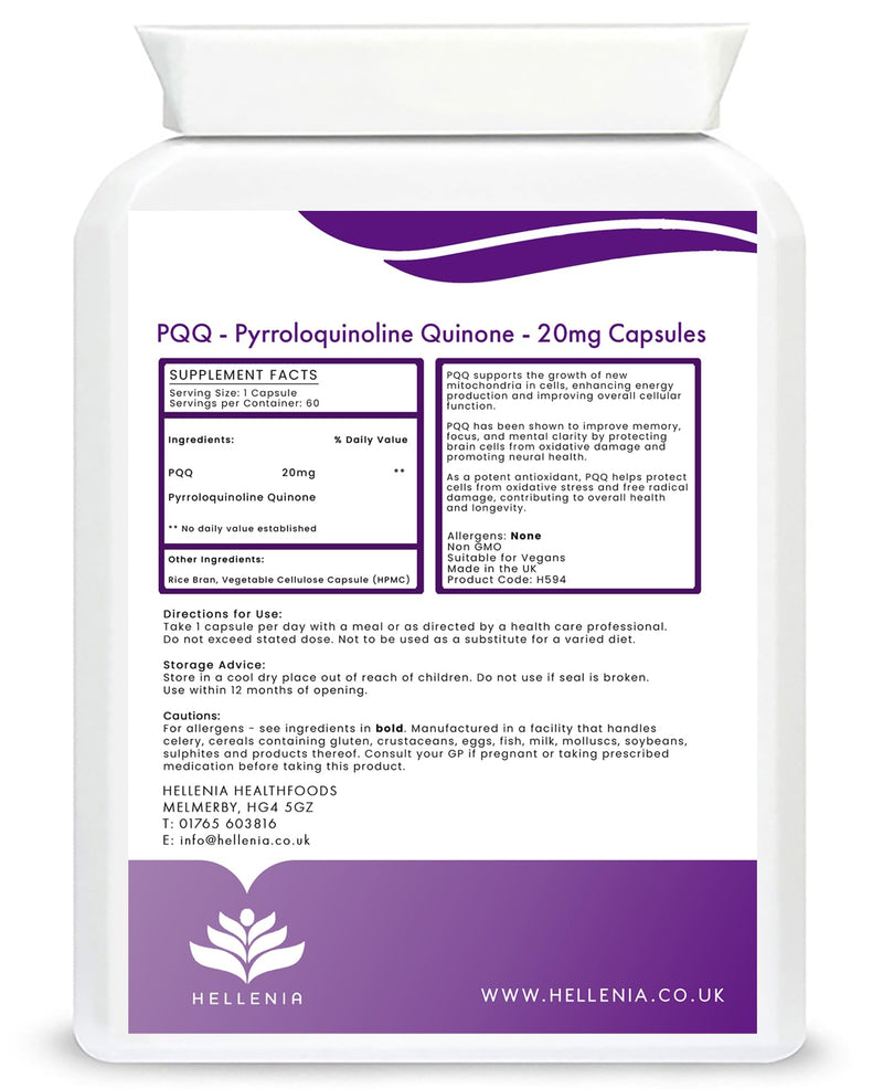 PQQ Supplement 20mg | Pure Pyrroloquinoline Quinone - High Strength | 60 Vegan PQQ Capsules | Energy, Brain, Cell Health, Mitochondria & Anti-Ageing Support | 2-Month Supply Made in the UK by Hellenia