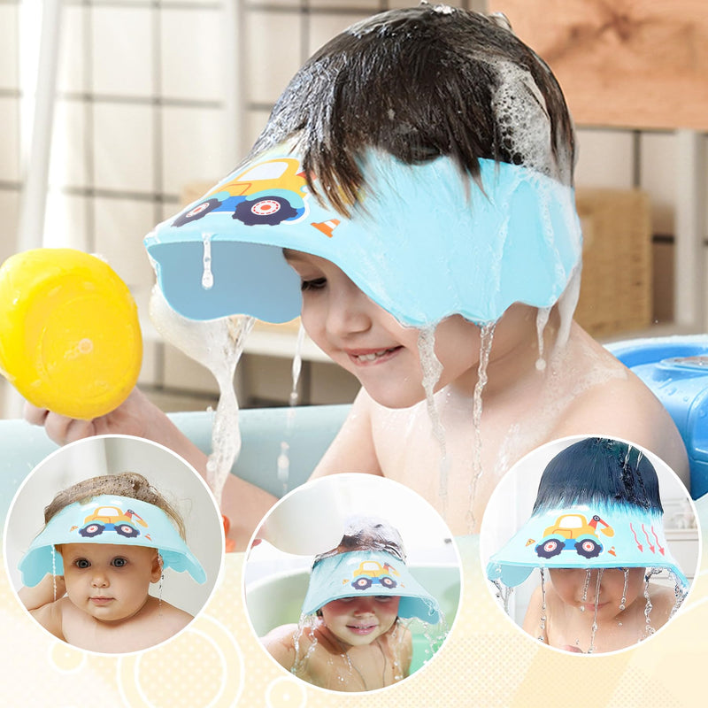 [Australia] - LADES Baby Shower Caps Shield - Adjustable Kids Bath Visor Hat Shampoo Washing Hair Protection Soft Cartoon for Toddler Blue Excavator 