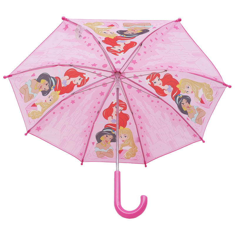 Disney Princess Kids Umbrella, Pink | Ariel Jasmine and Aurora Rain with Castle Print and Curved Handle