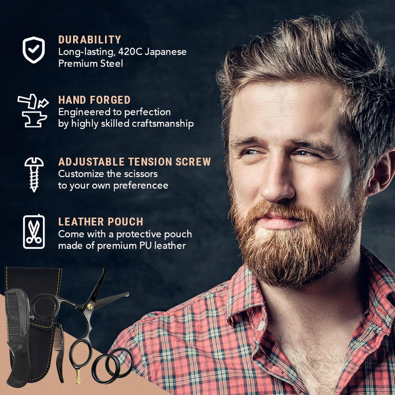 Ontaki Mustache Scissors - 4.2" Black Japanese Steel - Beard & Nose Hair Trimming Scissors for Men - Rounded Tip Ergonomic Handles - Hand-Forged Mustache Grooming Kit Black 4.2"