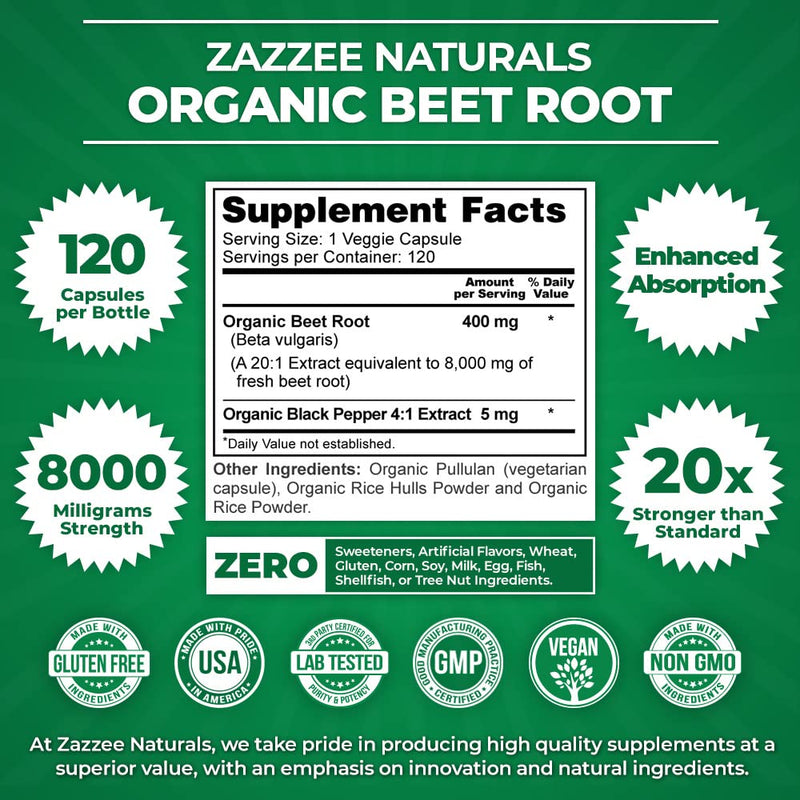 [Australia] - Zazzee USDA Organic Beet Root 8000 mg Strength 20:1 Extract, 120 Vegan Quick Release Capsules, Black Pepper Extract for Enhanced Absorption, Supports Nitric Oxide Production, Non-GMO, Made in The USA 120 Count (Pack of 1) 