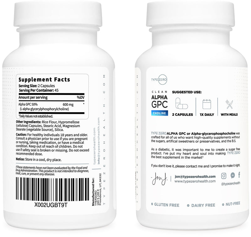 [Australia] - Type Zero Ultra Clean Alpha GPC Choline Supplement (600mg | 90 Capsules) Soy Free, Non-GMO Nootropics Alpha GPC 600mg / 300mg; Alpha-GPC Brain Memory and Focus Supplements 