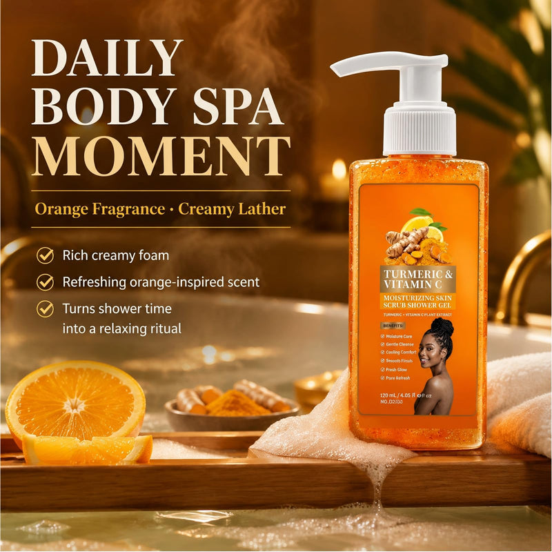 2pc Turmeric Vitamin C Orange Exfoliating Shower Gel with Cocoa Seed Scrub Particles, Mattifying Skin Brightening Body Wash to Fix Uneven Skin Texture, Gentle Daily Body Only Cleanser 2PC