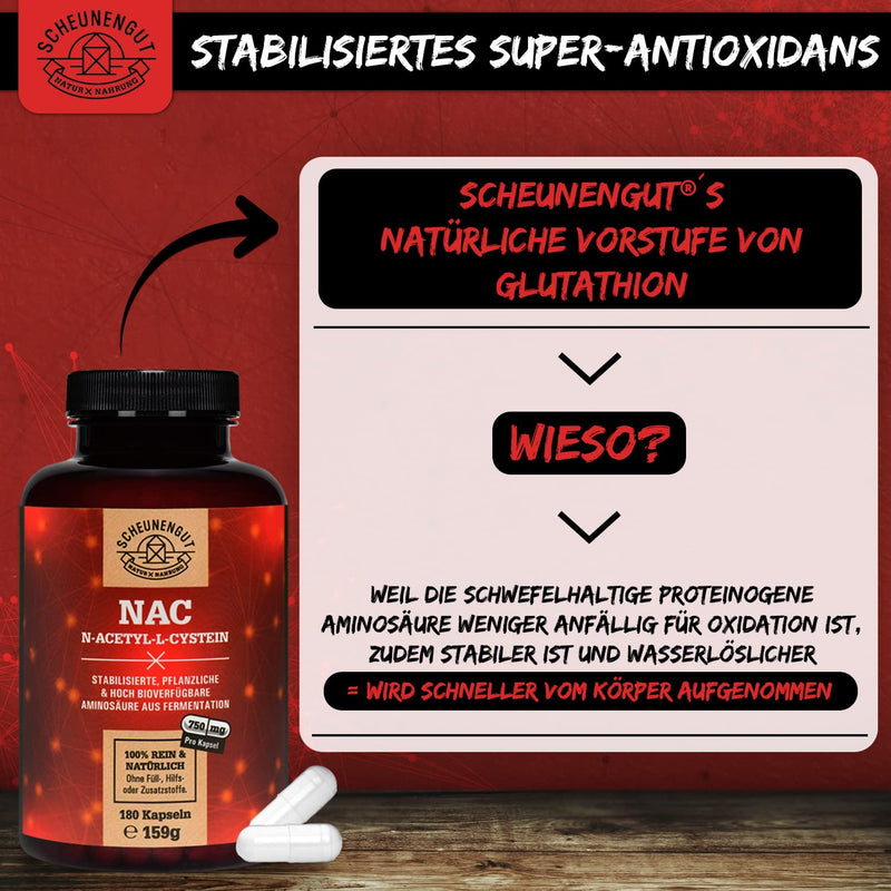 [Australia] - NAC - 180 capsules 750mg each - IMPORTANT: 100% naturally derived (no chemicals) I N-Acetyl L-Cysteine High dosage I Absolutely pure - no additives I Vegan and laboratory tested I from Germany I SCHEUNENGUT® 