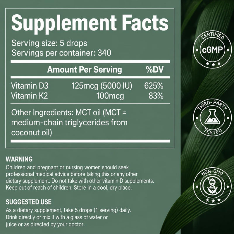 Vitamin D3 5000 IU & K2 Drops with MCT Oil 5000IU D3 + 100 Mcg K2(MK-7) | 1.69 Fl Oz, Supports Bone, Immune, Heart & Teeth Health, Third-Party Tested, Vegan, Non-GMO, Gluten Free