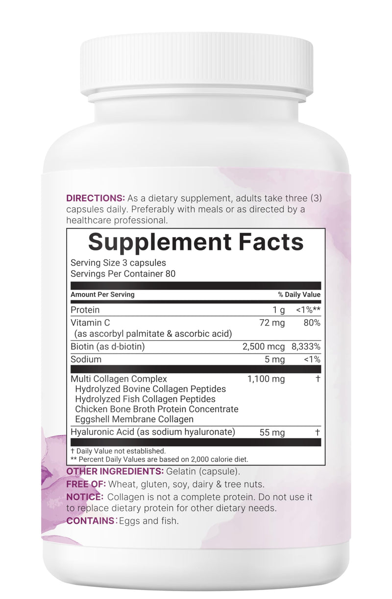 Micro Ingredients Multi Collagen Peptides Pills, 240 Capsules | For Women & Men. Type I, II, III, V, X. Hydrolyzed Collagen Supplement with Biotin, Hyaluronic Acid & Vitamin C. Filler Free. 240 Count (Pack of 1)