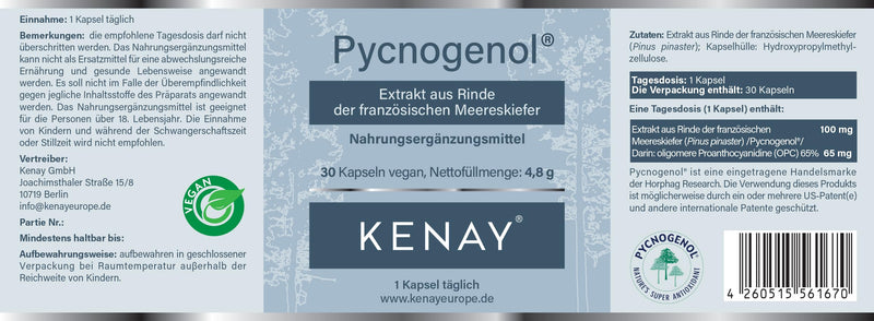 [Australia] - Pycnogenol extract from the bark of the French maritime pine -pinus pinaster-100mg per daily dose-vegetable capsule-vegan-without magnesium stearate-30 capsules vegan KENAY EUROPE 