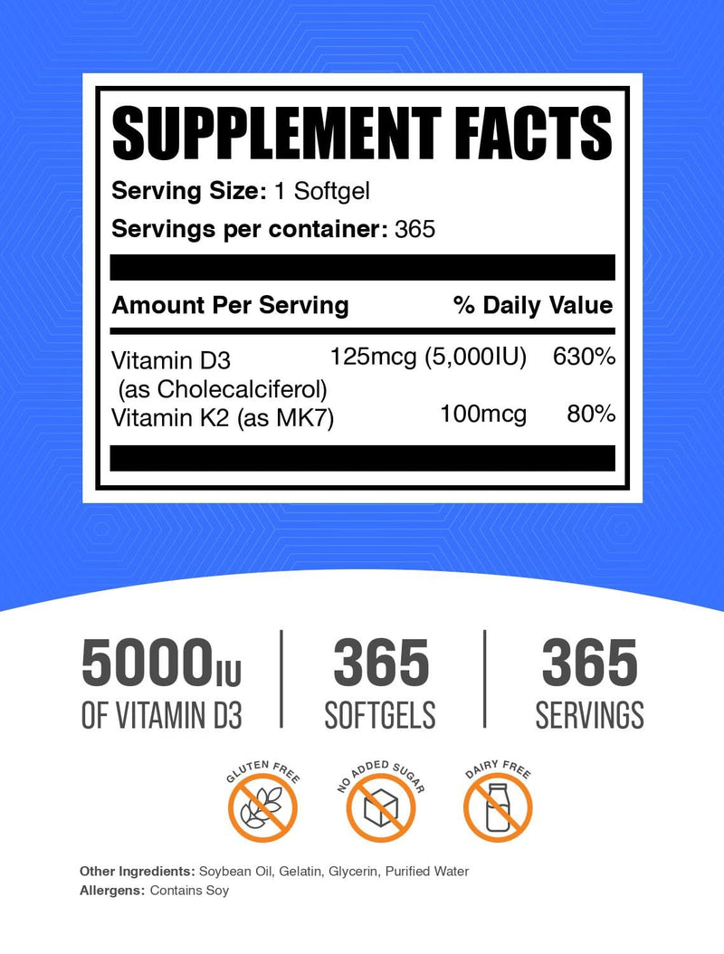 [Australia] - BulkSupplements.com Vitamin D3 + K2 5000 IU Softgels - D3 K2 Supplement, for Immune Health - Gluten Free, 1 Softgel per Serving, 365 Count (Pack of 1) 