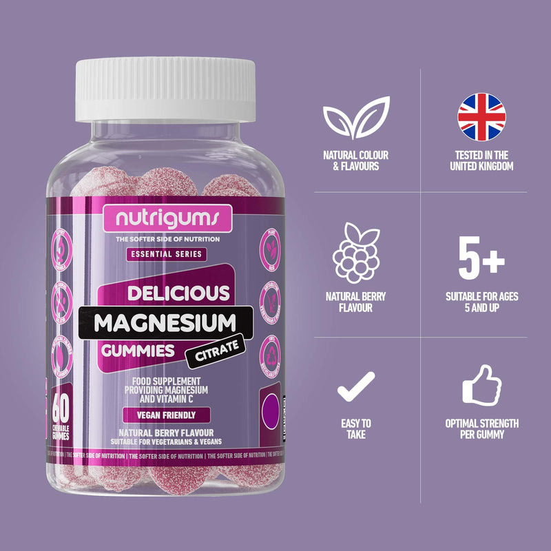 Magnesium Citrate 1250mg & Vitamin C Gummy | High Strength | 150mg of Elemental Magnesium & 80mg Vitamin C | Mixed Berry Flavour | 60 Vegan Gummies | Energy & Bone Support by NUTRIGUMS® 60 count (Pack of 1)