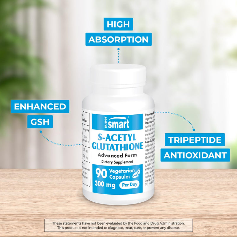 Supersmart S-Acetyl Glutathione 300mg per Day (High Absorption) - Stable Form of L-Glutathione Tripeptide - GSH Supplement | Non-GMO & Gluten Free - 90 Vegetarian Capsules