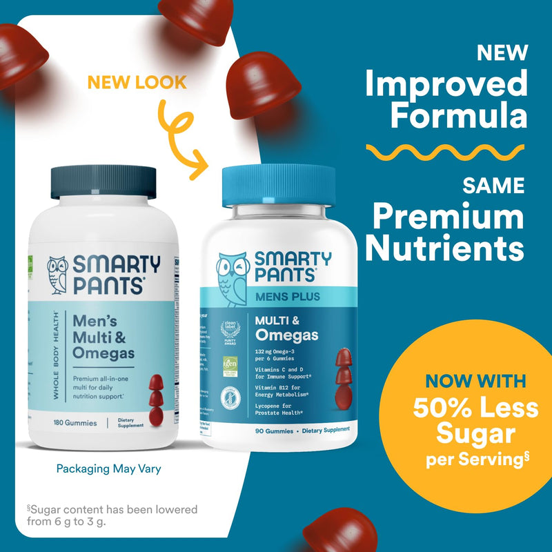 [Australia] - SmartyPants Men's Multivitamin Gummies - Improved Formula: Omega 3 (DHA/EPA), Methylfolate, Vitamin D3, C, Vitamin B12, B6, Vitamin A, K, Zinc & Selenium, Gluten Free, 90 Count (30 Day Supply) New Formula 