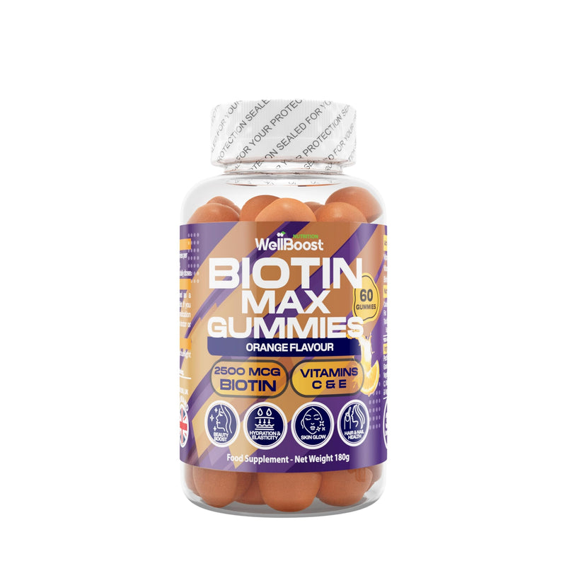 WellBoost Biotin Gummies – 2500mcg Biotin, 25mg Vitamin C & 6.2mg Vitamin E – Vegan with Orange Flavour – Hair, Skin & Nails Support – Adults (1 Month Supply)