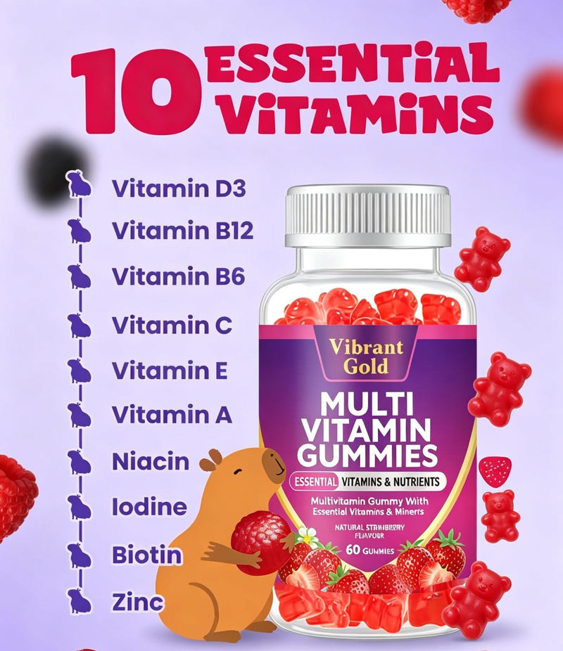 Multivitamin Gummies for Women & Men - 13 Ingredients -60 Gummies - 1 Months Supply - Natural Strawberry Flavour - Vitamins & Minerals Like VIT C, D3, B6, B7, B12 & Zinc -for Adult