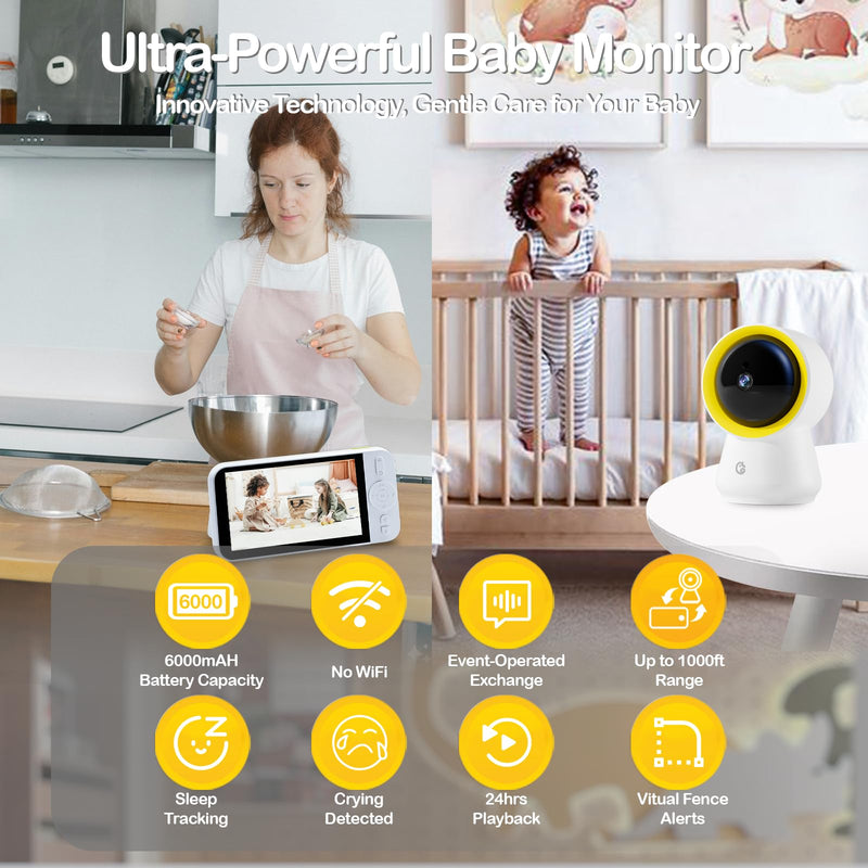[Australia] - Ellie Baby Monitor No WiFi, Baby Monitor with Camera and Audio, 5" IPS 1080P with Wall Mount, 6000mAh Battery, 1000ft Range, Smart Monitoring 24hrs Playback, AI Cry Detection & Sleep Tracking 