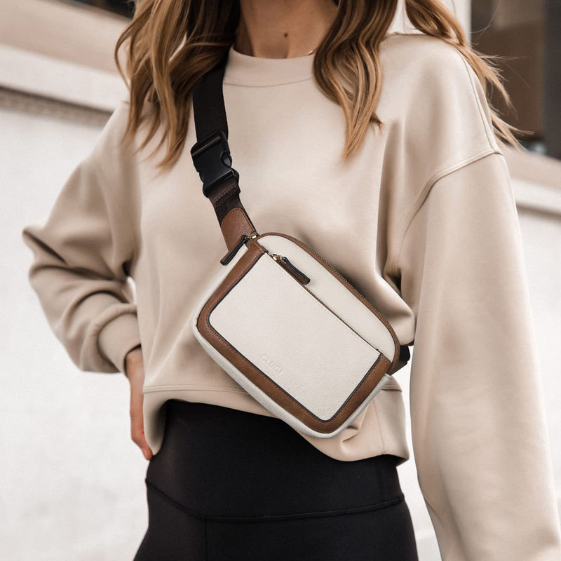 CLUCI Fanny Packs for Women Cross body, Belt Bag for Women, Mini Everywhere Crossbody Waist Bag Adjustable Strap, Vegan Leather Women's Fanny Pack A-0 Off white with brown