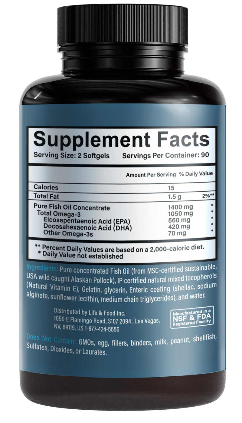 Omega-3 Supreme 1400 mg Wild Alaskan Fish Oil | Enteric Coated, Burpless | MSC Certified High EPA DHA, Improved Absorption & Heavy Metal Tested (3 Mo Supply,180 Softgels) 180 Count (Pack of 1)