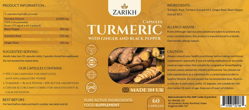 High Strength Turmeric and Black Pepper Capsules with Ginger Root | Supports Joint, Immune, Gut & Kidney Health | Anti Inflammatory Turmeric Supplement | 60 Vegan Turmeric Capsules | UK Made