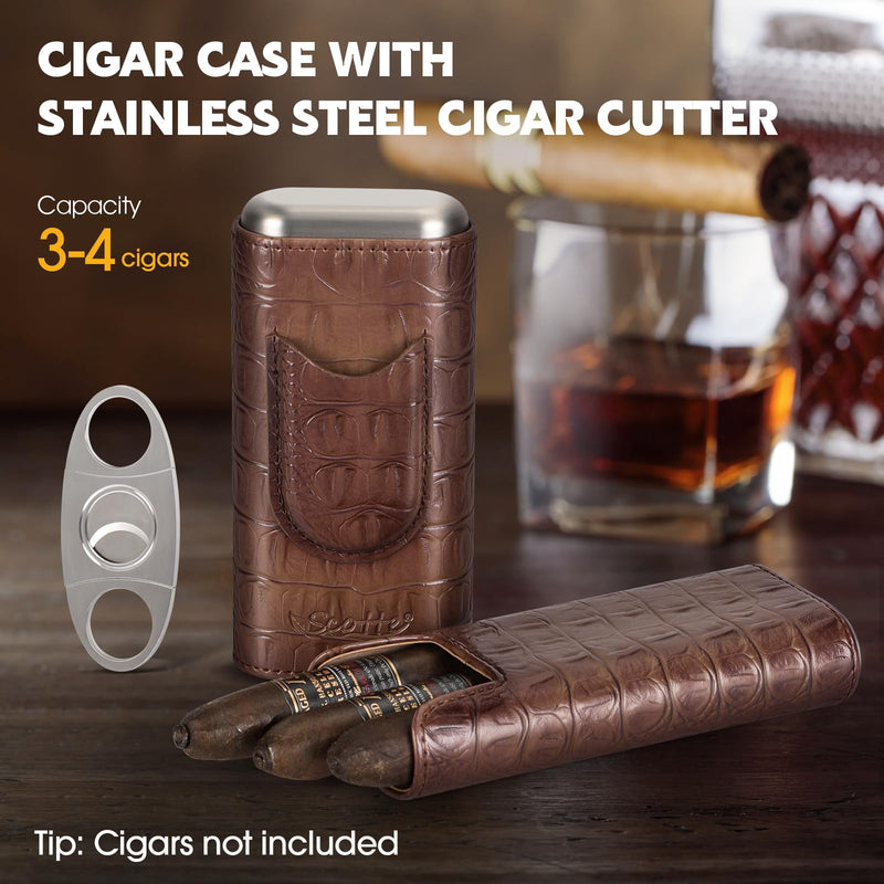 [Australia] - Scotte Cigar Case Leather Cigar Travel Case Cedar Wood Lined Portable Cigar Humidor Box with Cigar Cutter Elegant Cigar Box Great Cigar Accessories for Men 
