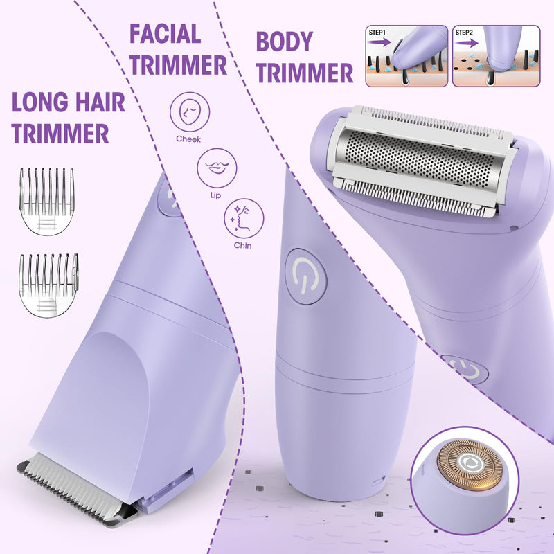 [Australia] - Lanumi 3 in 1 Bikini Trimmer for Women Rechargeable Electric Razors Wet/Dry Pubic Body Hair Trimmer Facial Hair Remover IPX6 Waterproof LCD Display Purple 