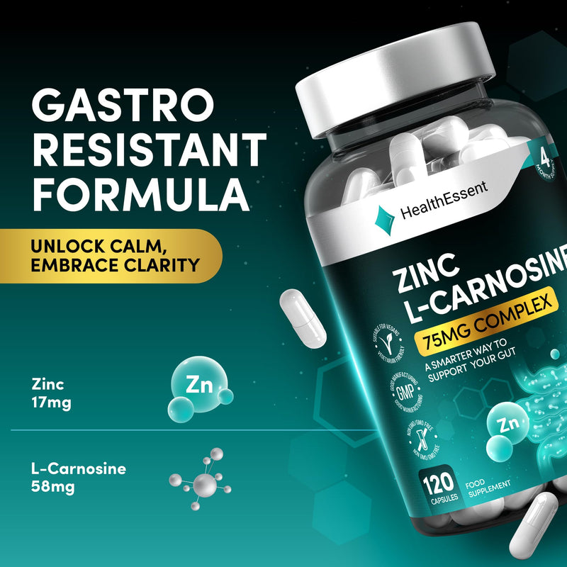 HealthEssent Zinc L-Carnosine Capsules 75mg - Gut & Stomach Health Supplement - (4 Month Supply) Digestive Care & Stomach Lining Protection, Non-GMO, No Preservatives - 120 Vegan Capsules